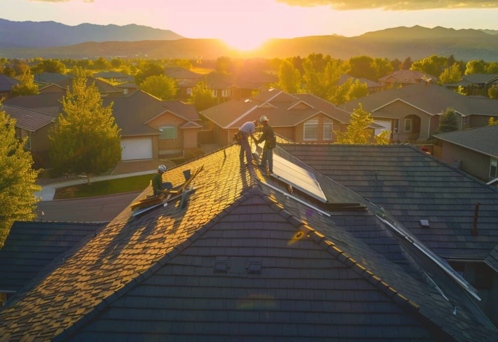 Roofers working on a residential house roof at sunrise